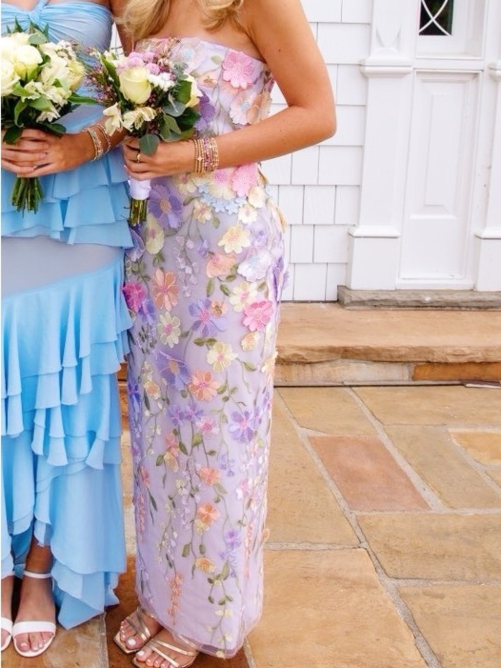 Lovers + Friends Lavender Strapless Maxi with Pastel Floral Appliqué